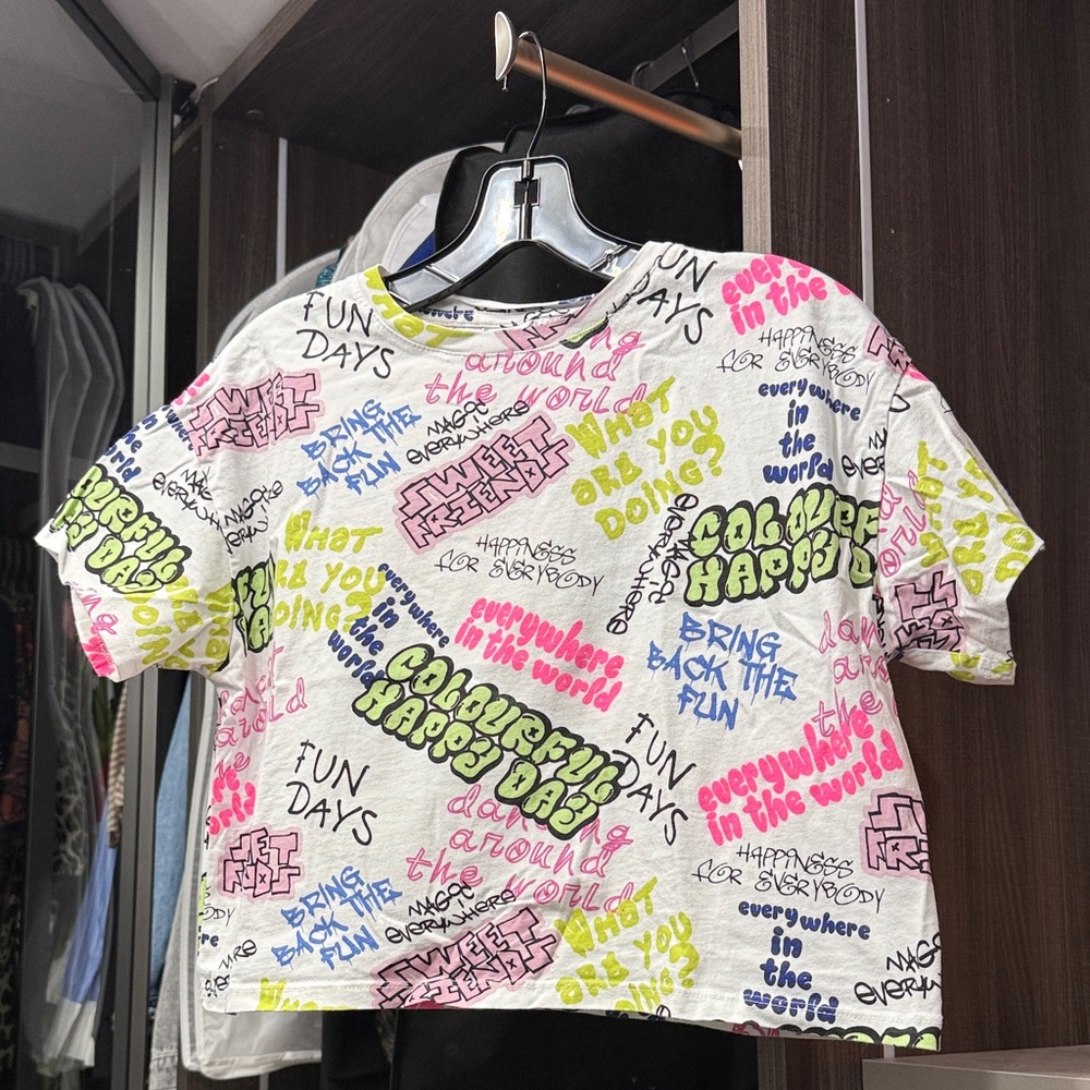 Zara Kids T-Shirt - White with Multicolor Graffiti